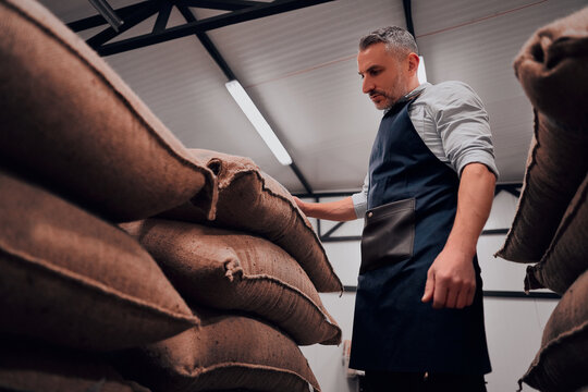 Roastery worker standing at pile of sacks with coffee beans and checking packaging quality.