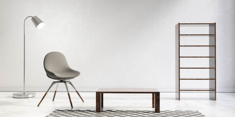 empty stylish modern interior of living room with grey armchair, shelf 3d render illustration