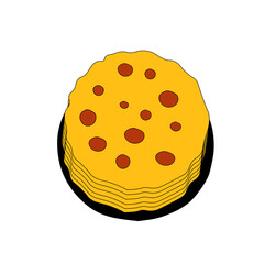 Hand-drawn outline flat vector illustration of a a group of hot yellow pancakes on the black pan with isolated on a white background for breakfast or dinner for cooking book