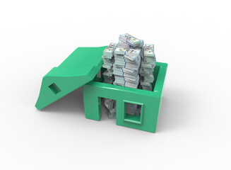 Symbolic 3D illustration. Stacks of dollar bills inside the house.