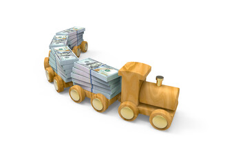 Symbolic 3D illustration. Wooden train with stacks of dollar bills isolated on white background.