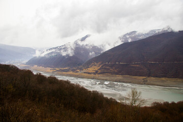 Zhinvali reservoir landscape in Georgia