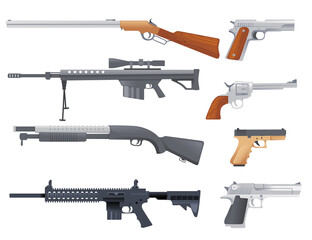 Set of military or police firearm weapon handgun carbine sniper rifle and shotgun vector illustration on white background