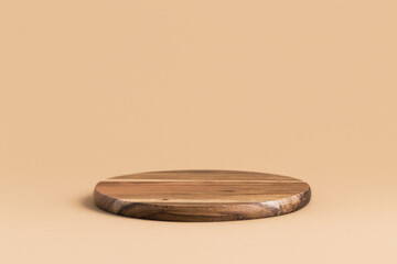 Round wooden board for food, product, cosmetics or perfumes mockup.