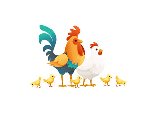Cute cock and chicken with chicks farm agriculture hen rooster cartoon animal design vector illustration