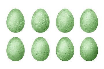 Set of 8 Easter eggs in green color with acrylic paint texture. Isolated on white background.