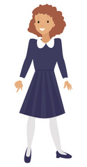 A girl with brown hair in a school dress and white tights