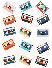 Fototapeta premium Set of retro audio cassettes with different colorful patterns vector illustration on white background