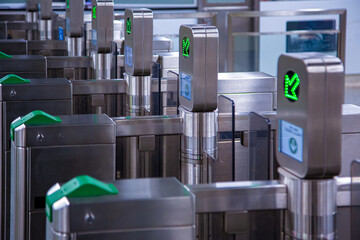 Toronto, Canada-10 November 2020: Toronto TTC Metrolinx Presto machines at a busy Bloor and Yonge...
