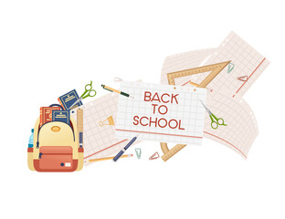 Back to school banner with signa stationery and books in backpack vector illustration on white background