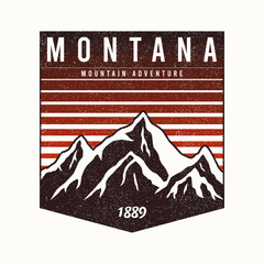 Montana State t-shirt design with mountains and slogan. Typography graphics for tee shirt with grunge. Montana apparel print. Vector.