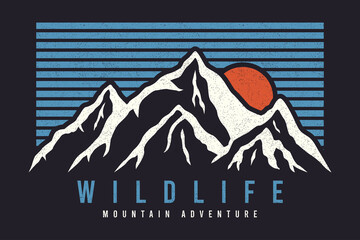 Mountain typography graphics for slogan tee shirt with sun and stripes. Mountain adventure print for apparel, t-shirt design with grunge. Wildlife slogan. Vector illustration.