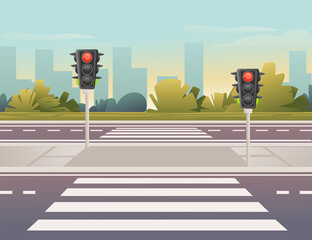 Empty city road with pedestrian crossing and traffic lights sunny day with clear sky vector illustration - obrazy, fototapety, plakaty