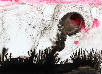 Black-red-white watercolor background. Transparent lines and spots on a white paper background. Paint leaks and ombre effects. Hand-painted abstract image. © Olirina