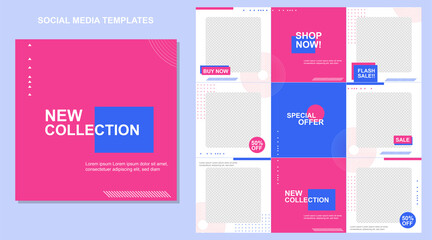 Social media post templates set for business with abstract vector illustration on background. Square posts layouts blue, fucsia, and white.	
