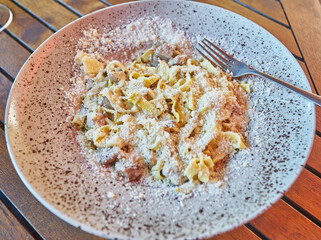 Carbonara paste. With creamy sauce, bacon, ham, parmesan and egg.