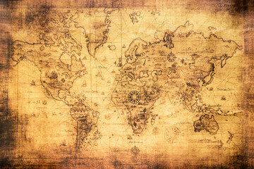Fototapeta na wymiar Vintage world map on an old stained parchment