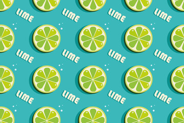 seamless pattern, lime, half citrus fruit on bright background, summer vector graphics