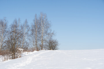A rural landscape in the winter season, full of deep, fluffy snow. Trees without leaves. Large snowdrifts in agricultural fields in Poland.