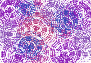 Illustration. Bright colored circles. Pink, purple blue, drawn in many fine lines. Abstract background for banner, postcard, infographic