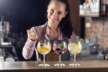 Bartender offers selection of various gin tonic drinks served on a bar - obrazy, fototapety, plakaty