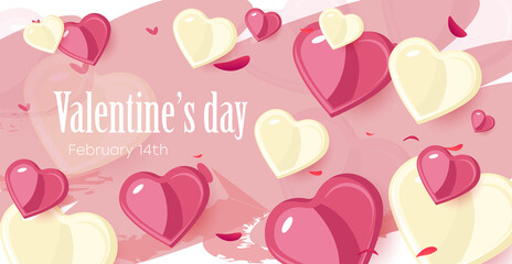 Festive background with Valentine s Day. Banners with pink and red hearts, poster template. Abstract background with decoration hearts.