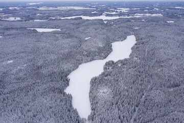 Landscape with winter air, snowy forest and lakes. Photo from the drone. Scandinavian nature, Finland. Nuxio, a cloudy day, ate under the snow
