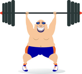 Naklejka premium Cartoon big man a weightlifter illustration. Cartoon strong man trying to lift a heavy weight isolated on white 