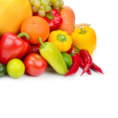 fruits and vegetables isolated on white background. Free space for text.
