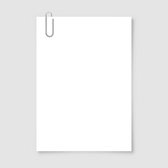 Realistic blank paper sheet in A4 format with metal clip, holder on gray background. Notebook page, document. Design template or mockup. Vector illustration.