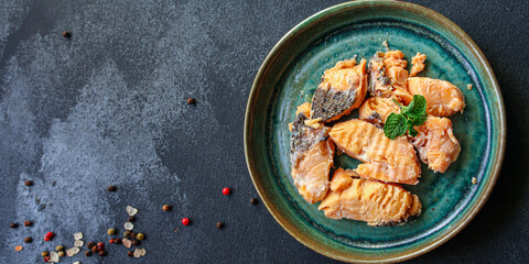 fish canned salmon seafood ready to eat on the table meal snack top view copy space for text food background image rustic
