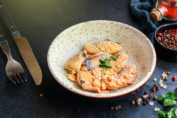 fish canned salmon seafood ready to eat on the table meal snack top view copy space for text food background image rustic