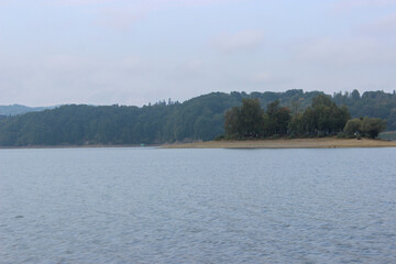 Looking at the surface of a large and beautiful mountain lake