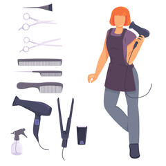 Fototapeta premium hairdresser or barbershop concept. girl hairdresser with a hairdryer in her hands and in a working apron. a set of beauty salon tools: scissors, razor, hairdryer, combs. vector flat. isolated