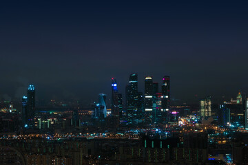 Aerial view of night Moscow, Russia. Moscow City skyscrapers at night, skyline. City landscape in Russia