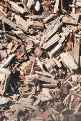 Large pile of wood chips. Waste from the woodworking industry, fuel and raw materials for heating solid fuel industrial boilers on wood chips. Background vertical image