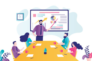 Businessman presents new project to colleagues. Team met at business conference. Various stats, charts on board.