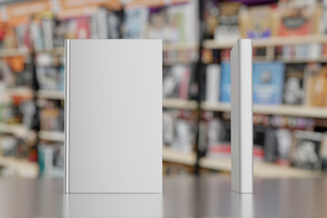 Blank gray hardcover book on bookstore showcase. 3D rendering illustration mock-up.