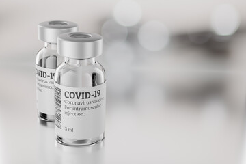 COVID-19 vaccine vials on gray blur background. 3d rendering illustration.