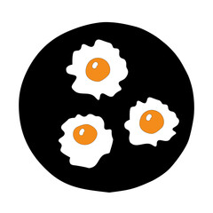 Hand-drawn outline flat vector illustration of the yellow Fried eggs on the black pan isolated on a white background for breakfast