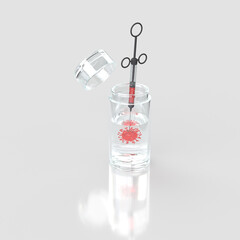 Coronavirus COVID-19 in jar of water liquid with syringe