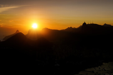 Silhouette of Rio de Janeiro at sunset.