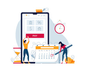 Monthly payment vector illustration. Man and woman pay regular payments online and make notice in calendar. Keep up with monthly payments concept for banner, web, emailing. Modern flat cartoon design - 411604313