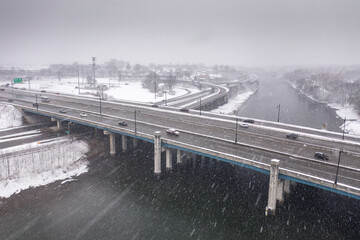 Snow Storm aerial over a multi lane highway