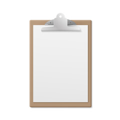 Realistic wooden clipboard with white empty page isolated on white background