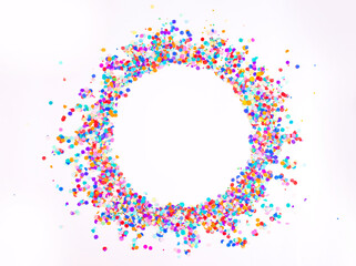 colorful confetti on a white background. Top view.