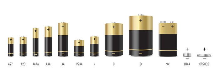 Alkaline batteries realistic set. Different types of batteries isolated on white background