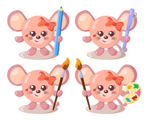 Set of funny cute kawaii mouse with round body, pencil, pen, brush and palette in flat design with shadows. Isolated animal vector illustration