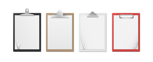 Realistic clipboards with blank white paper sheet. Notepad information board set