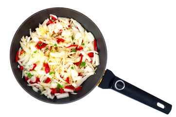 Frying pan with chopped cabbage, vegetable dishes